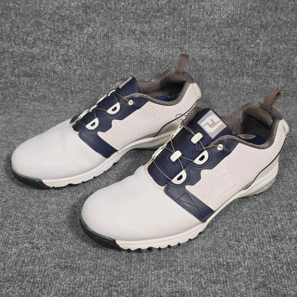FootJoy Contour Fit BOA Golf Shoes Mens White Navy Blue Spiked 54181 9.5